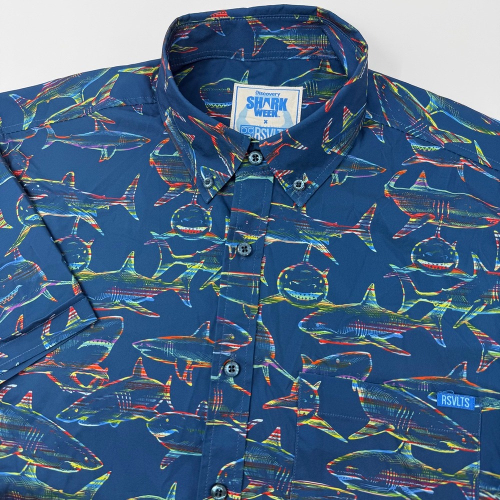 RSVLTS Discovery Shark Week Kunuflex Button Down Shirt Mens Small Navy Neon